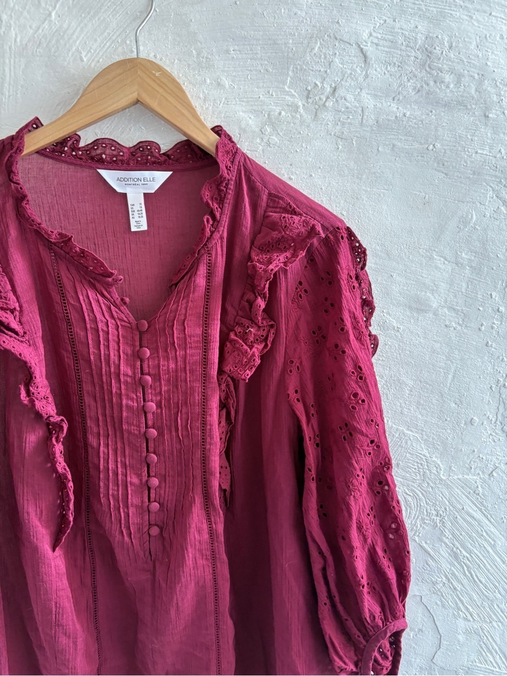 Addition Elle Burgundy Ruffled Button-Front Blouse - Picture 3 of 6